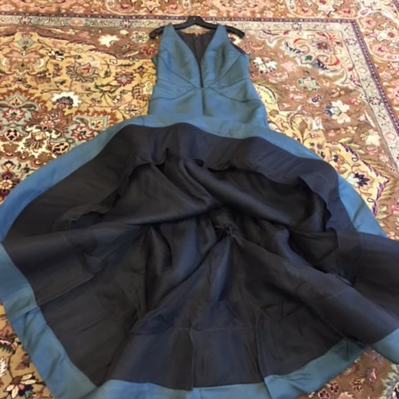 J Mendel Green Trumpet Evening Dress Gown Beads Sheer Seams Train Sz 10 Nice - Picture 8 of 11